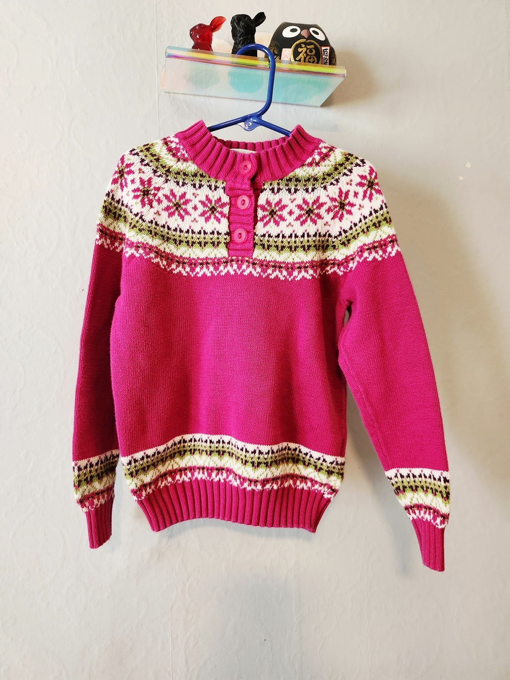 L.L. Bean Girls Bright Fuchsia Fair Isle Button-Neck Sweater